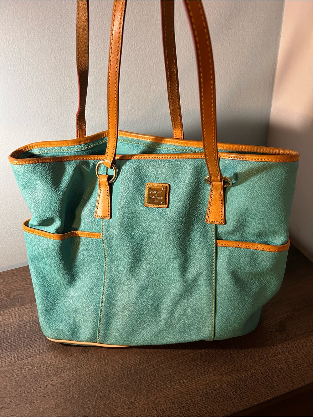 Dooney & Bourke Teal Tote with Tan Leather Trim
